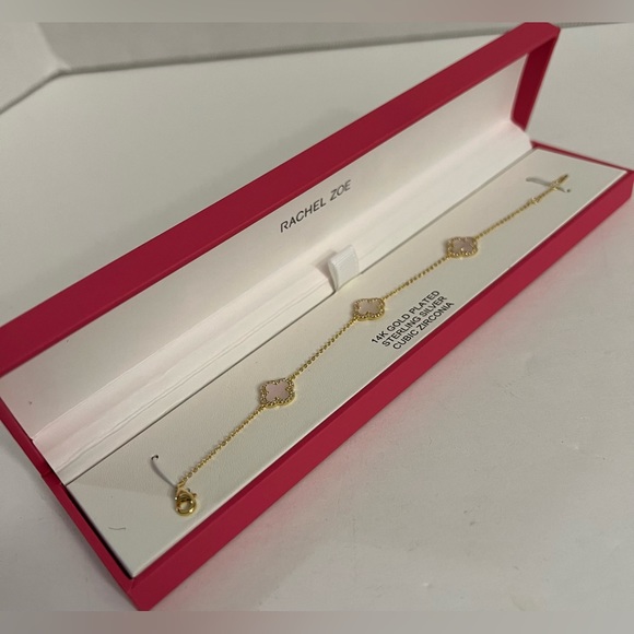 Rachel Zoe 14K Gold Plated Bracelet 4 Leaf Mother Of Pearl Cubic Zirconia  New - Picture 10 of 16